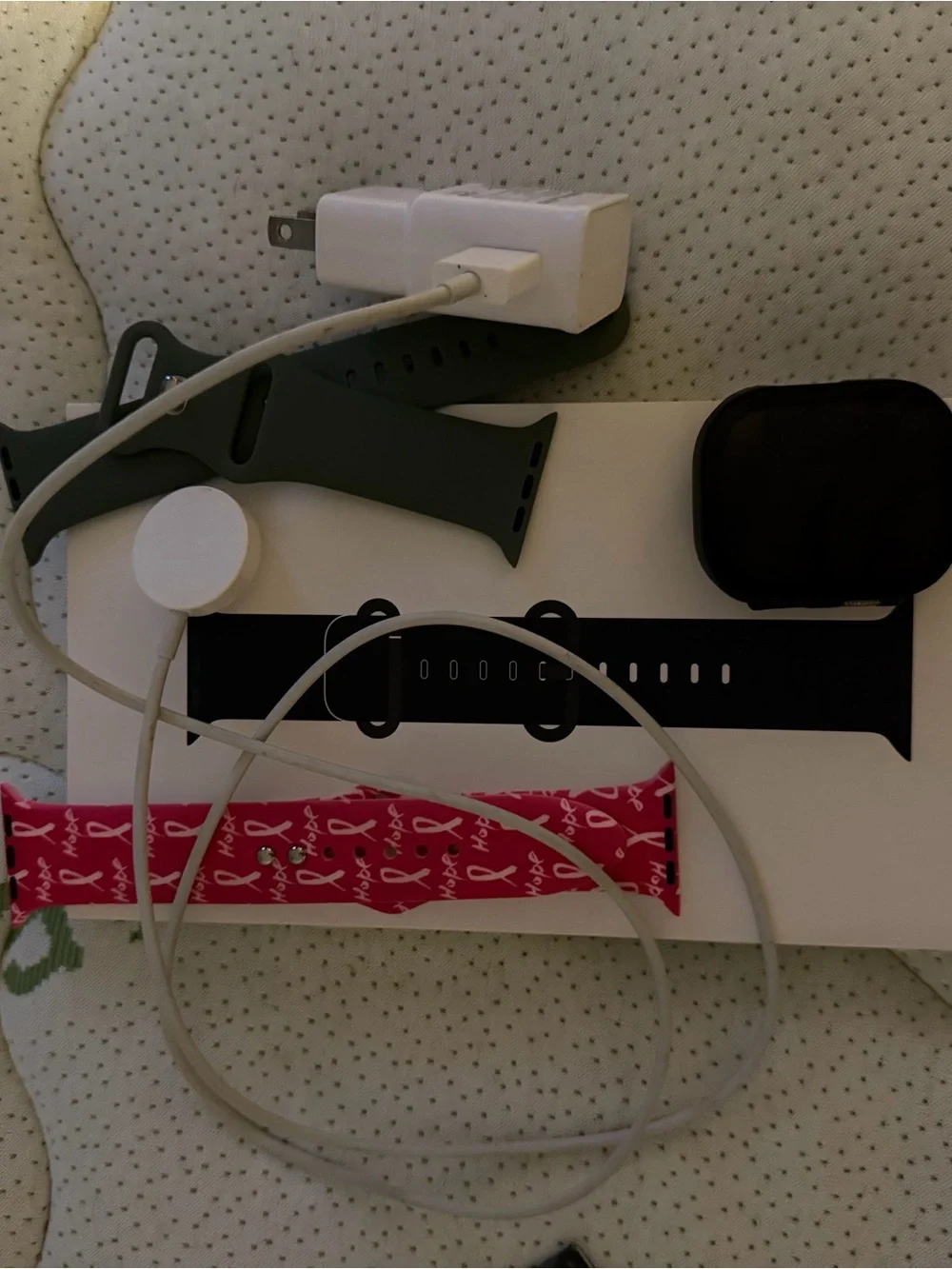 Apple Watch Charger with Green, Black and Pink Sport Bands